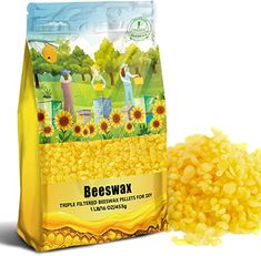 a bag of beeswax next to it's packaging on a white background