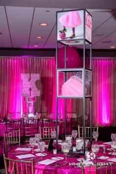 a room filled with tables and chairs covered in pink cloths