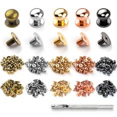 various types of screws and nuts on a white background