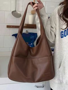 Fashion Casual Shoulder Bag For Commuting, Autumn/Winter Brown Fashionable   PU Leather Plaid,Plain Hobo Bag   Women Bags, size features are:Bust: ,Length: ,Sleeve Length: Casual Chique Stijl, Tas Bahu, Trendy Shoulder Bag, Fashion Tote Bag, Commuter Bag, Casual Tote, Office Lady, Tote Purse, Vintage Bags