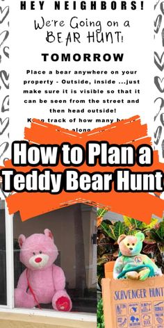 a teddy bear sitting in the window sill with text overlay that reads how to plan a teddy bear hunt