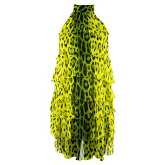 This Tom Ford halter neck dress features a bright and eye-catching print of chartreuse green and yellow leopard print. The body is covered in layered ruffles right up to the tight collar. The rear features a strap running down the open back and is fastened by hook and eyes at the collar and a zip at the base of the dress Green Leopard Print Dress, Green Leopard Print, Chartreuse Green, Halter Neck Dress, Leopard Print Dress, Halterneck Dress, Yellow And Green, Green And Yellow, Halter Neck