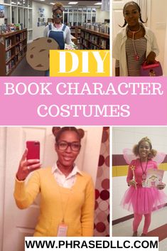 some people are dressed up in costumes and posing for pictures with bookshelves behind them