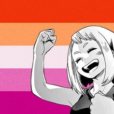 a drawing of a woman raising her fist up in front of a rainbow colored background