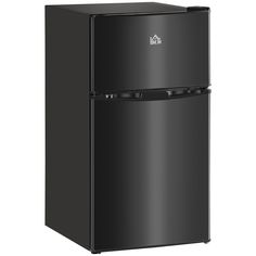 a black refrigerator freezer sitting on top of a white wall