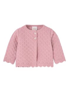 powder pink wool pointelle knit front button fastening round neck long sleeves scallop edge polka dot embroidery scallop hem Polka Dot Embroidery, Dot Embroidery, Dress With Jean Jacket, Teen Boy Outfits, Baby Boy Accessories, Cardigan Pink, Dolce And Gabbana Kids, Scallop Hem, Pointelle Knit