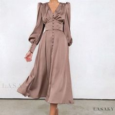 Lasaky - Silk Vintage Long Dress with Lantern Sleeves, Waist-Defining Fit Satin Dresses With Sleeves, Midi Dress Chic, Vintage Long Dress, Long Dresses Elegant, Satin Dress Long, Maxi Dress Outfit, Stil Elegant, Women Long Sleeve Dress, Elegant Dresses For Women