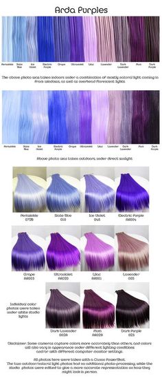 Arda purples, wig fiber color pallette. Hair Dye Chart, Shades Of Purple Hair, Purple Hair Dye, Underlights Hair, Dark Lavender, Hair Dyes, Hair Color Chart, Lilac Hair, Lavender Hair