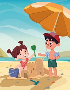 two children playing in the sand with an umbrella over their head and one holding a shovel