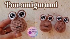 there are three small crocheted animals with googly eyes