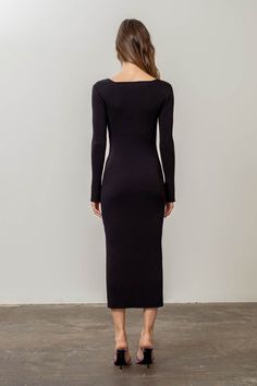 Black Ribbed Knit Dress Sweetheart Neckline Long Sleeve Midi Length Bodycon Silhouette Material: 89% Viscose, 11% Nylon Fabric Has Some Stretch Seamless Fitted Black Midi Dress, Fitted Black Seamless Midi Dress, Fitted Seamless Black Midi Dress, Ribbed Fitted Maxi Sweater Dress, Fitted Ribbed Maxi Sweater Dress, Ribbed Fitted Midi Dress, Fitted Ribbed Midi Dress, Black Fitted Maxi Sweater Dress, Fitted Black Maxi Sweater Dress