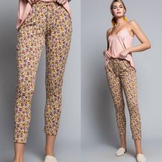 Cute Pair Of Boho Floral Pants From Pol Incredibly Soft & Comfortable Fabric That Feels Like A Medium Weight Jersey. Side Pockets & A Slim Fit With Just Enough Stretch. Back Pocket Flaps Are A Design Element, Not Actual Pockets. Has A Ruched Elastic Waistband & Functional Drawstring. Fits Like A Pair Of Joggers. 60% Cotton 35% Polyester 5% Spandex Models Are Wearing A Small Small: 38" Long 13" Waist Laid Flat Medium: 40" Long 14" Waist Laid Flat Tags: Joggers Lounge Wear Loungewear Boho Flowers Floral Print Relaxed Fit Bottoms For Pajama Party, Floral Print Cotton Bottoms For Pajama Party, Cotton Floral Print Bottoms For Pajama Party, Casual Floral Print Pants For Daywear, Casual Floral Print Pants, Floral Print Long Pants For Pajama Party, Multicolor Bottoms For Spring Daywear, Fitted Yellow Floral Print Pants, Stretch Floral Print Loungewear Pants