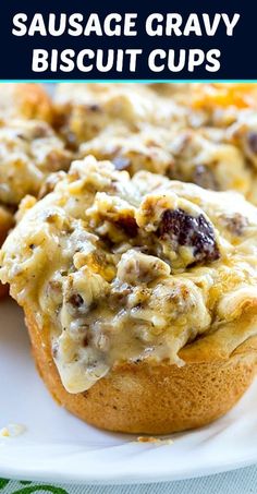 sausage gravy biscuit cups on a white plate with the title above it