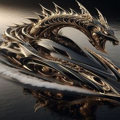 an intricately designed boat in the water with its tail extended and head turned to look like a dragon