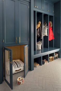 a room with blue cabinets and shoes in it