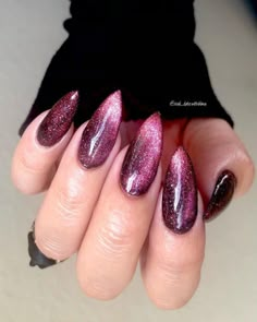 Cat Nail Designs, Purple Manicure, Pink Cat Eye, Cat Eye Nail, Cat Eye Nails Polish, Eye Nail Art, Glitter Manicure, Galaxy Nails, Modern Nails