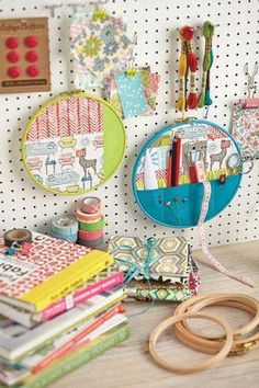 there are many crafting supplies on the table and in front of it is a mirror