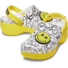 Smileyworld Classic Platform Clog. This Version Features Starstruck Smiley Face Jibbitz And Multiple Black And White Smiley Face Variants, So When You're In The Mood For A Little Extra Boost, Style It Up With The Smileyworld Platform. Dual Crocs Comfort Is Blissfully Supportive, Soft And Cradling Comfort. Iconic Crocs Comfort: Lightweight. Flexible. 360-Degree Comfort. Heightened, Contoured Outsole That Supports The Upper You Love With A Slimmer, Sleeker Look. "Smileyworld" Jibbitz On The Back S Black And White Smiley Face, Crocs Platform Clog, Crocs Platform, Festival Sandals, Yellow Crocs, Smiley World, Zebra Shoes, Platform Crocs, Slipper Shoes Women