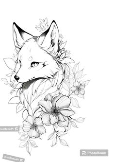 a black and white drawing of a fox surrounded by flowers