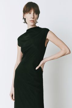 Black midi dress with a mock neck and silky finish. True-to-size fit, blending modern style and effortless fall sophistication. Mockneck Dress, Mock Neck Dress, Trench Jacket, Dress Back, Classy Style, Mini Dress Casual, Black Midi, Sleeveless Tshirt, Blazer Dress