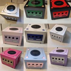 there are many different colored boxes that have holes in the top, bottom and bottom