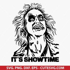 a black and white drawing of a woman with long hair, wearing a jacket that says it's showtime svg dxf eps