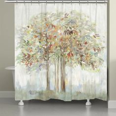 a shower curtain with an abstract tree painting on it