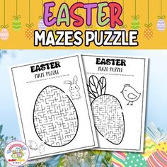 an easter maze puzzle is shown in front of some eggs and flowers with the words,'easter mazes puzzle '