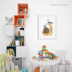 a child's room with toys and bookshelves on the wall, including a teddy bear