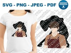 an image of a woman with long hair wearing a t - shirt that says svg p