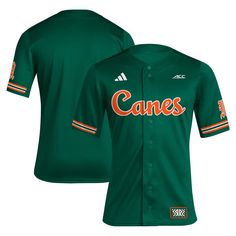 Show your love for your squad in this Miami Hurricanes Reverse Retro replica baseball jersey from adidas. It's designed just like the ones your favorite players wear on the field, so you can feel like part of the team whether you're cheering from the bleachers or taking a stroll around campus. Miami Hurricanes colors and official graphics provide the finishing touch. The Bleachers, Adidas Short, University Of Miami, Bleachers, Sports Uniforms, Mens Green, Baseball Jersey, Baseball Jerseys, Adidas Men