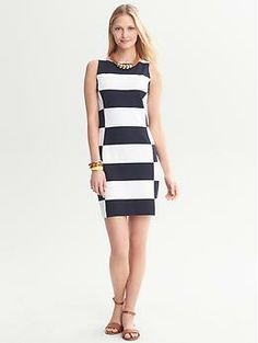 Bold-Stripe Ponte Dress Chic Striped Sleeveless Mini Dress, Chic Striped Mini Dress, Chic Dresses With Horizontal Stripes, Contrast Stripe Dresses For Workwear, Chic Striped Sleeveless Dress, Chic Sleeveless Striped Dress, Chic Vertical Stripe Dress For Work, Chic Spring Dresses With Contrast Stripes, Chic Striped Dress For Work