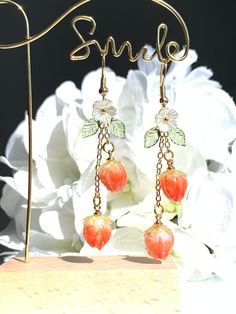 Hand Made light weight earrings 14k gold filled hook  Acrylic strawberry Rose Gold Dangle Jewelry For Summer, Peach Earrings For Summer Gift, Apricot Drop Earrings For Gifts, Sweet Gold Dangle Jewelry, Gold Fruit Design Drop Earrings, Gold Drop Earrings With Fruit Design, Earrings Strawberry, Earrings Food, Strawberry Earrings