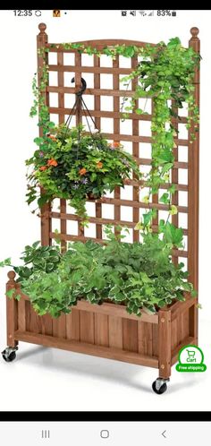 a wooden planter filled with lots of green plants