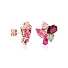 Ross-Simons - 6.40ct t. w. Pink, Green Tourmaline Cluster Earrings in 14kt Rose Gold. Captivating clusters of tonal pink and a pop of green...just stunning! These festive gemstone cluster earrings flaunt pretty shades of pink and green tourmaline totaling 6.40 carats. Finely crafted in polished 14kt rose gold. Post/clutch, green and pink tourmaline cluster earrings. Pink Cluster Jewelry With Accent Stones, Pink Multi-stone Cluster Jewelry, Pink Tourmaline Earrings, Tourmaline Multi-stone Earrings For Gift, Pink Multi-stone Earrings For Gift, Cluster Earrings, Green Tourmaline, Pink Tourmaline, Pink And Green