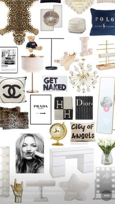 a collage of fashion and home decor items in black, white, and gold