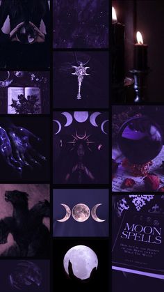 a collage of images with the moon symbols in black and purple colors, including a candle