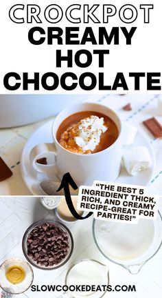 You will LOVE this easy slow cooker hot chocolate recipe! It's creamy, rich, and chocolaty - with only 5 ingredients. It serves a crowd and can easily be doubled. Get out your mugs and any toppings and make it a hot cocoa bar. Crockpot hot cocoa is super easy and made with real chocolate chips - everyone will love it. Top with whipped cream and as many marshmallows or chocolate shavings as your heart desires! Slow Cooker Cocoa, Crockpot Cocoa Best Ever Creamy, Best Hot Cocoa Recipe Crockpot, Crockpot Hot Chocolate With Swiss Miss, Hotchocolate Homemade Crockpot, Crockpot Hot Cocoa Easy, Crockpot Cocoa Recipe, Slow Cooker Hot Chocolate Easy, Homemade Hot Cocoa Crockpot