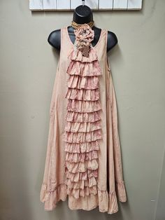 Beautiful and romantic pink dress with ruffles down the front and on the bottom . Sleeveless with a mineral washed look. Pockets . Cotton Hand Wash, Hang Dry Remake Clothes, Boho Chic Accessories, Sewing Patterns Free Women, Pink Ruffle Dress, Shabby Chic Clothes, Upcycled Dress, Shabby Chic Boho, Creative Clothes, Cottagecore Style