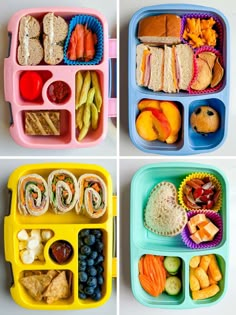 four different trays filled with food on top of a white table and bottom one has sandwiches, fruit, and vegetables