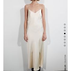 Brand New Cream V-neck Slip Dress For Party, Elegant Lined V-neck Slip Dress, Classic Summer Party Maxi Dress, Classic Summer Evening Maxi Dress, Elegant Sleeveless Unlined Maxi Dress, Classic Satin Dress With Spaghetti Straps, Spring Formal Lined Slip Dress, Classic Spring Dress For Night Out, Fitted Slip Dress For Spring Wedding