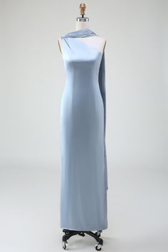 a light blue dress on a mannequin with one shoulder draped over the top