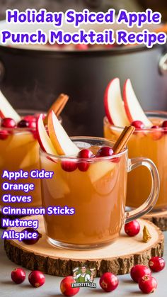 holiday spiced apple punch cocktail recipe with cranberries and cinnamon sticks in mugs