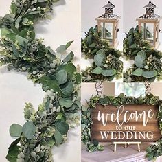 four pictures of wreaths with welcome to our wedding sign