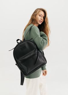 "Black backpack for women is designed for the people who need a backpack that's as much a fashion flex as it is a useful carry backpack. Minimalist backpack will reflect your classics style. ✔️ Handmade ✔️ 100% vegan  ✔️ Eco leather, only organic materials ✔️ Unique design ✔️ Add personalization if you want HIGHLIGHTS: ✔️ Adjustable shoulder straps ✔️ External zip pocket ✔️ Inner utility pockets for smaller items (for phone, keys, lipstick etc.) Need something smaller? See our design fanny pack Backpack Model Photoshoot, Backpack Photoshoot Ideas, Person Wearing Backpack, Person With Backpack, Backpack Pose, Minimalist Backpacking, Girl With Backpack, Backpack Minimalist