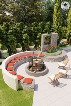 an outdoor fire pit surrounded by seating and trees