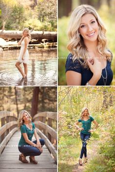 a woman posing on a bridge in the woods