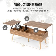 two tables with different measurements for each table and the same height as shown above them