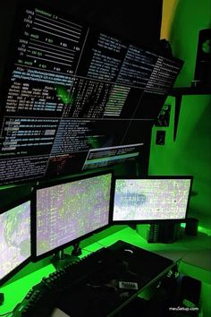 three computer monitors sitting next to each other on top of a desk covered in green lights