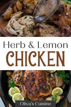 herb and lemon chicken in a cast iron skillet on a wooden cutting board with text overlay